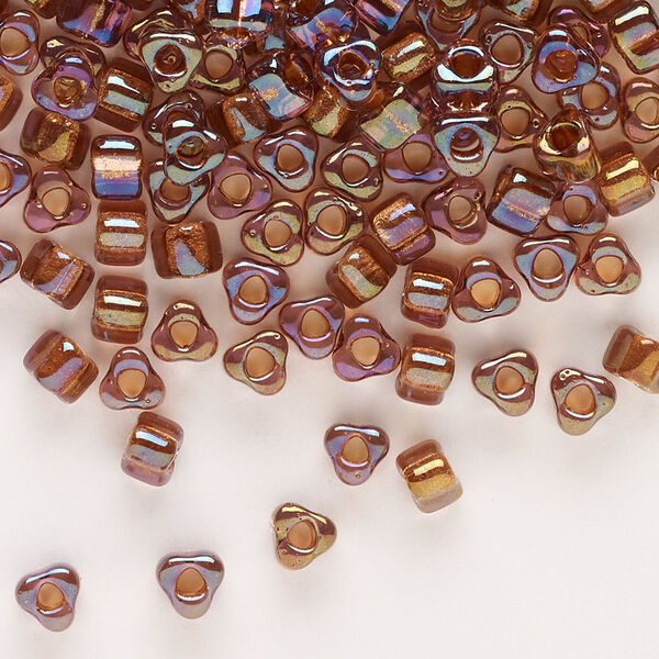 Seed bead, Miyuki, glass, transparent amber yellow color-lined copper, (TR1838), #5 triangle. Sold per 250-gram pkg. image number 0