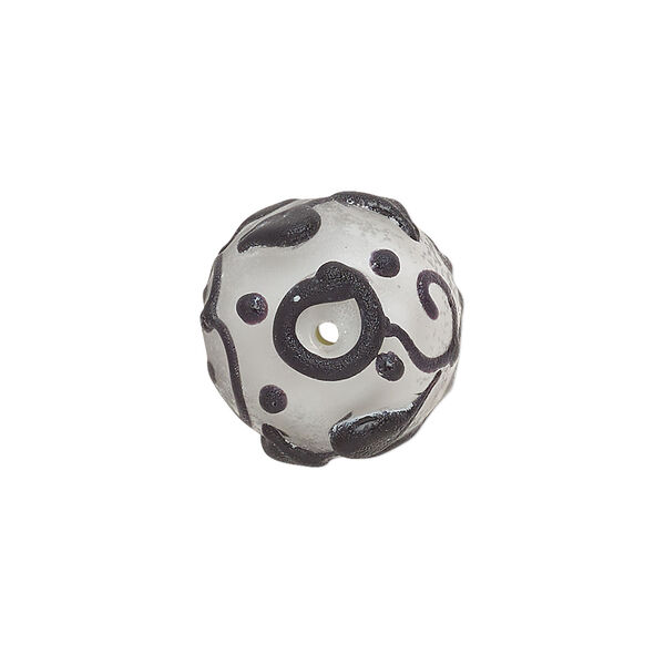 Bead, lampworked glass, opaque matte black and white with leaf and swirl design, 18mm round. Sold individually. image number 1