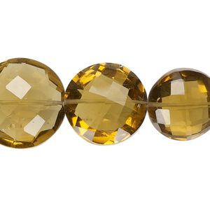 Golden quartz 1pkg1, hand-cut faceted puffed flat round bead 7 inch 15-19mm