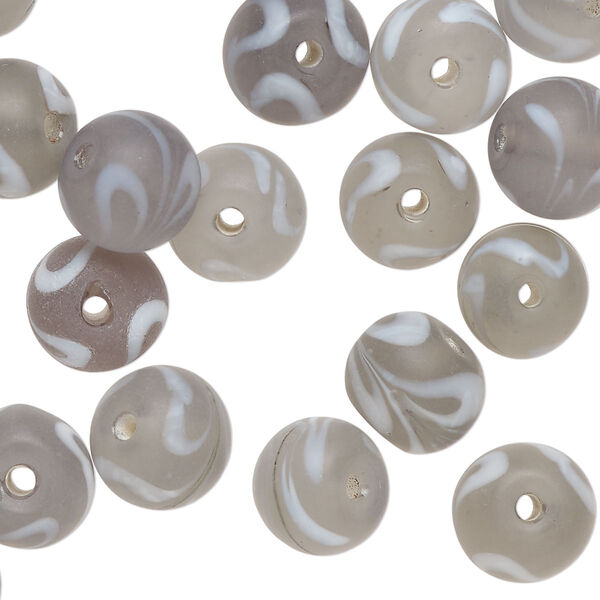 Bead, lampworked glass, translucent grey and white, 10mm round with swirl design. Sold per 2-ounce pkg, approximately 40 beads. image number 0