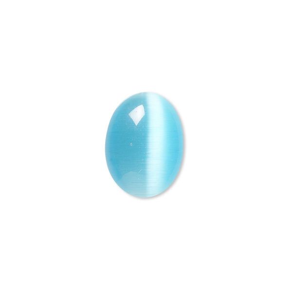 Cabochon, cat's eye glass (fiber optic glass), turquoise blue, 16x12mm calibrated oval, quality grade. Sold per pkg of 8. image number 0