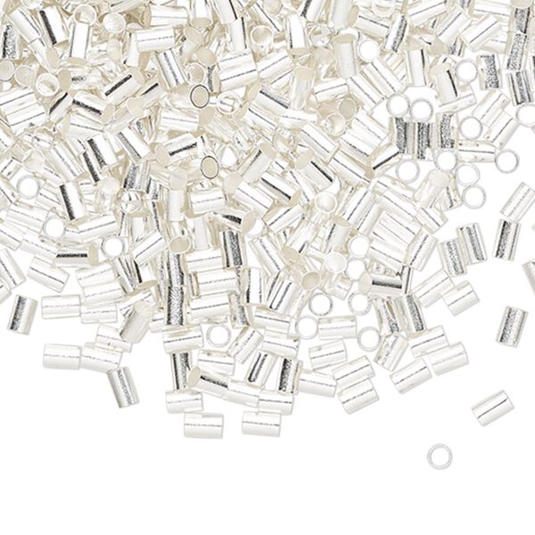Crimp, silver-finished brass, 3x2mm round tube, 1.4mm inside diameter. Sold per pkg of 1,000. image number 0