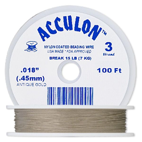 Beading wire, Acculon®, nylon-coated stainless steel, gold color, 3 strand, 0.018-inch diameter. Sold per 100-foot spool. image number 0