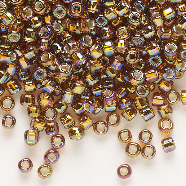 Seed bead, Dyna-Mites™, glass, silver-lined translucent rainbow root beer, #6 round with square hole. Sold per 40-gram pkg. image number 0
