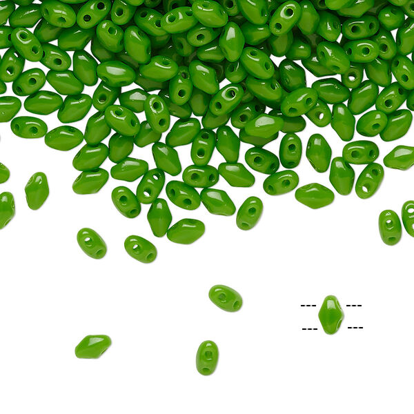 Bead, Preciosa Mini Twin™, Mini Pressed Twin, Czech pressed glass, opaque candy green, 4x2.5mm oval with (2) 0.7mm holes. Sold per 250-gram pkg. image number 0
