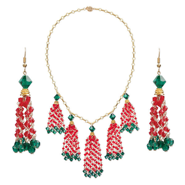 Necklace and earring set, One of a Kind Jewelry, 14Kt gold-filled /and crystal, light Siam and emerald, 24-inch necklace. Only one available. image number 0