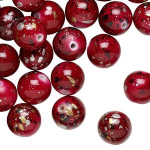 Bead, acrylic, red with gold/silver/black speckles, 10mm round. Sold per pkg of 170.
