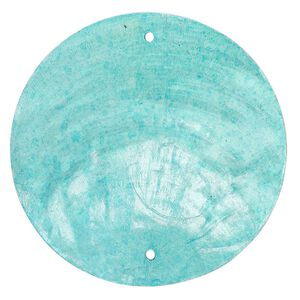 Wind chime component capiz shell 20pk 50mm double-drilled flat round, translucent teal dyed