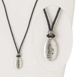 Necklace, "pewter" (zinc-based alloy) and waxed cotton cord, black, 23x14mm two-sided oval with "Purity" and "1 Timothy 4:12", adjustable up to 26 inches. Sold individually.