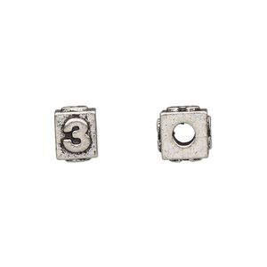 Bead, antiqued pewter (tin-based alloy), 8x6mm rectangle with number "3." Sold per pkg of 4.