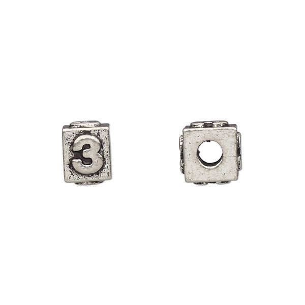 Bead, antiqued pewter (tin-based alloy), 8x6mm rectangle with number "3." Sold per pkg of 4. image number 0