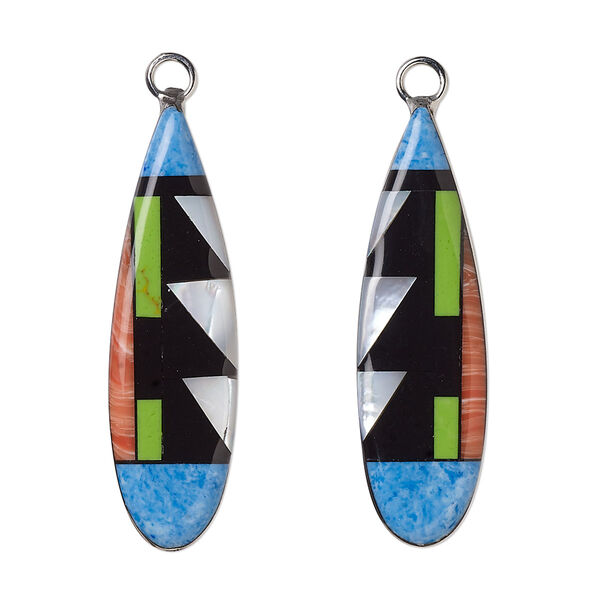 Focal, mother-of-pearl shell / resin / stainless steel, multicolored, 33x10mm-35x10mm single-sided left- and right-facing flat teardrop. Sold per pkg of 2. image number 0