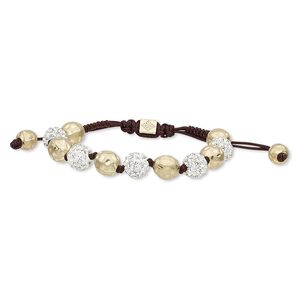 Bracelet, glass rhinestone / nylon / polymer clay / gold-finished "pewter" (zinc-based alloy), dark brown / white / clear, 10mm round and 10mm matte hammered round, adjustable from 6 to 8-1/2 inches with macramé knot closure. Sold individually.