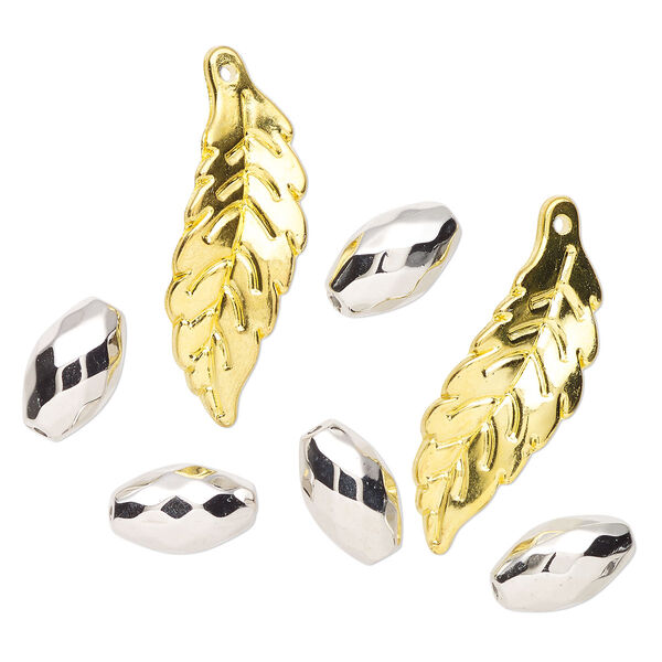Bead / seed bead / focal mix, gold- / silver-finished acrylic / glass, #10 round to 44x14mm mixed shapes with 0.6-1.5mm hole. Sold per 70-gram pkg. image number 0