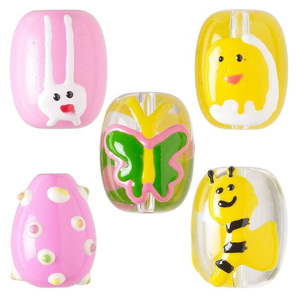 Bead mix, hand-painted glass, opaque to transparent multicolored, 17x15mm teardrop and 18x15mm oval with spring designs. Sold per pkg of 5. image number 0