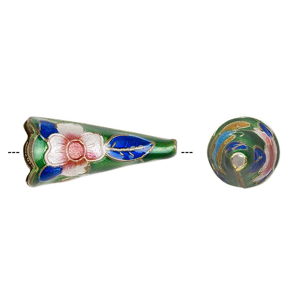 Cone, enamel and gold-finished copper, dark green and multicolored, 22x10mm with butterfly and flower, 8mm inside diameter. Sold per pkg of 4. image number 0