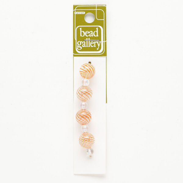 Bead 1pkg4 handblown glass, 11-13mm round / line design, translucent clear / peach image number 0