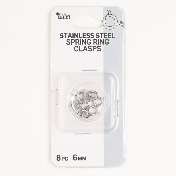 Clasp springing stainless steel 8pk 6mm round, imitation rhodium finish image number 0