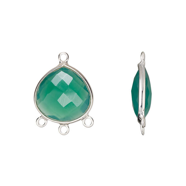 Drop, sterling silver and green onyx (dyed), 15x14mm hand-cut double-sided faceted teardrop with 3 closed loops, Mohs hardness 6-1/2 to 7. Sold individually. image number 0