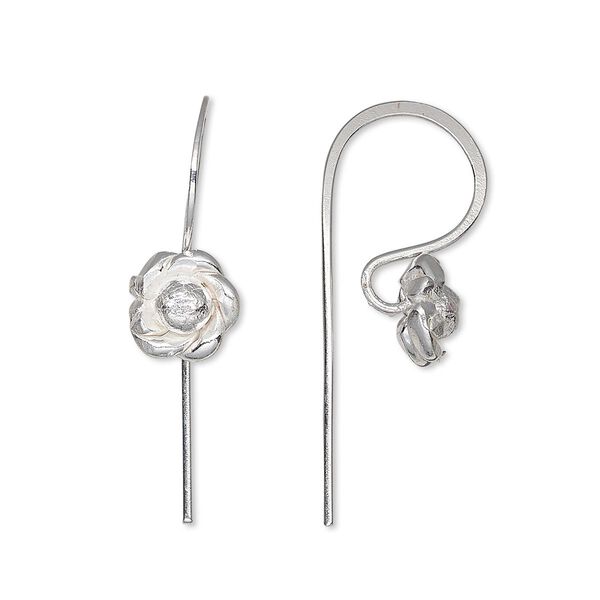 Ear wire, silver-plated brass, 21mm fishhook with rose and open loop, 20 gauge. Sold per pair. image number 0