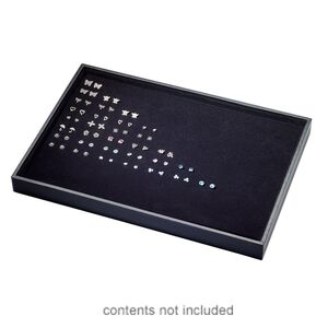 Display tray, earring, leatherette and velveteen, black, 13-3/4 x 1-1/4 x 9-1/2 inches with insert, holds up to 99 pairs. Sold individually.