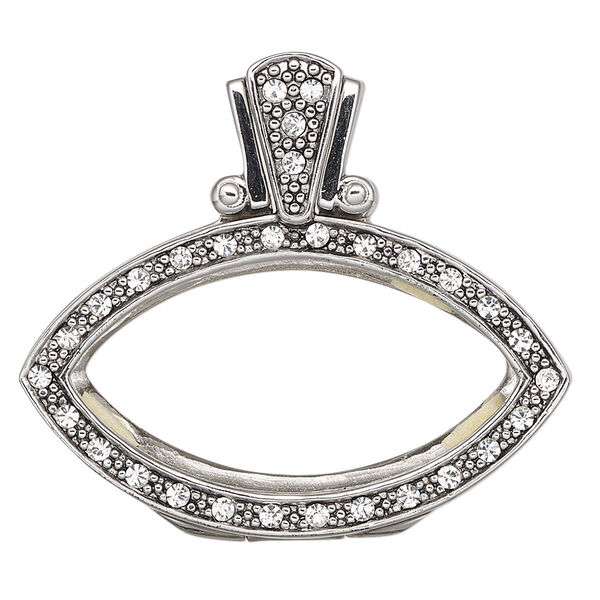 Pendant, Almost Instant Jewelry®, antique silver-plated brass / crystal / rubber, crystal clear, 36.5x32mm single-sided hinged marquise with 32x17mm marquise setting. Sold individually. image number 0