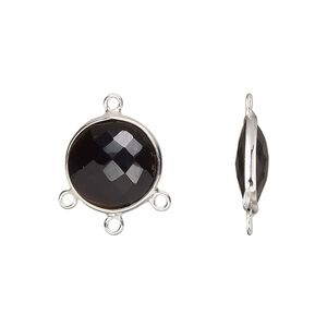 Drop, sterling silver and black onyx (dyed), 14mm hand-cut double-sided faceted puffed flat round with 3 closed loops, Mohs hardness 6-1/2 to 7. Sold individually.
