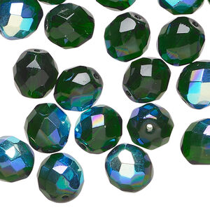 Bead 1pkg40, Czech fire-polished glass, emerald green AB, 10mm faceted round.