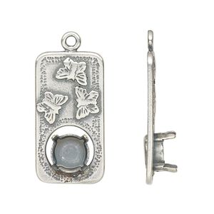 Drop, JBB Findings, antique silver-plated pewter (tin-based alloy), 27x14mm single-sided rectangle with butterfly design and SS39 chaton or rivoli 4-prong setting. Sold individually.