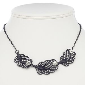 Necklace, glass rhinestone with black-finished steel and "pewter" (zinc-based alloy), clear, feather, 16 inches with 3-inch extender chain and lobster claw clasp. Sold individually.