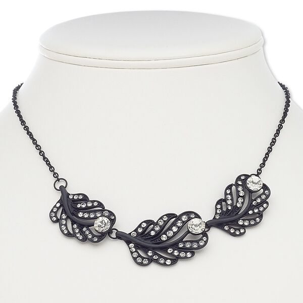 Necklace, glass rhinestone with black-finished steel and "pewter" (zinc-based alloy), clear, feather, 16 inches with 3-inch extender chain and lobster claw clasp. Sold individually. image number 0