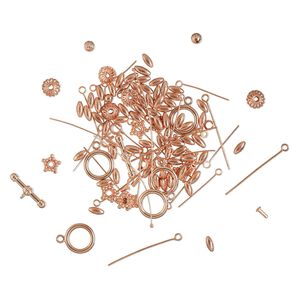 Bead and finding mix, shiny copper, 2-50mm mixed shapes. Sold per pkg of 50-grams, approximately 90-135 pieces.