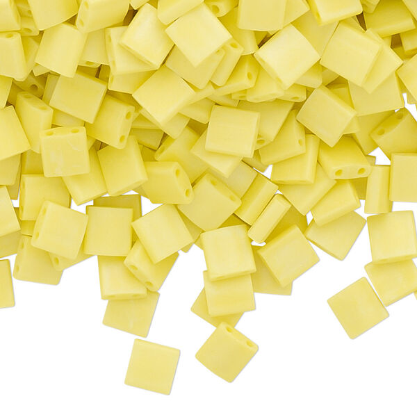 Seed bead, TILA®, glass, pkg/40g, 5mm full tila square, opaque matte rainbow yellow, (TL-404FR). image number 0