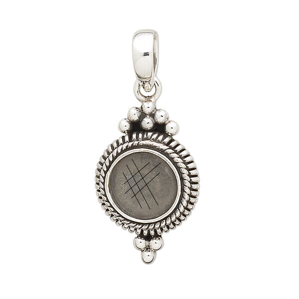 Pendant, antiqued sterling silver, 35x15mm with double-spiral design and 10mm round bezel setting. Sold individually. image number 0