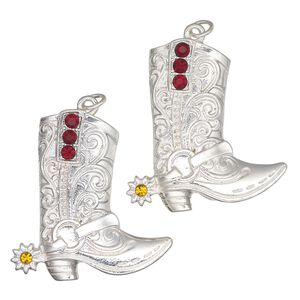 Focal, silver-finished "pewter" (zinc-based alloy) and glass, silver / red / topaz yellow, 39x37mm single-sided boot with steel jump ring. Sold per pkg of 2.