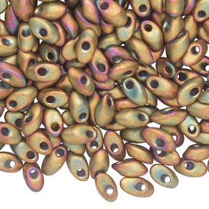 Seed bead, Miyuki, glass, pkg/250g, 7x4mm long magatama, opaque matte metallic rainbow rose green (LMA-2035).