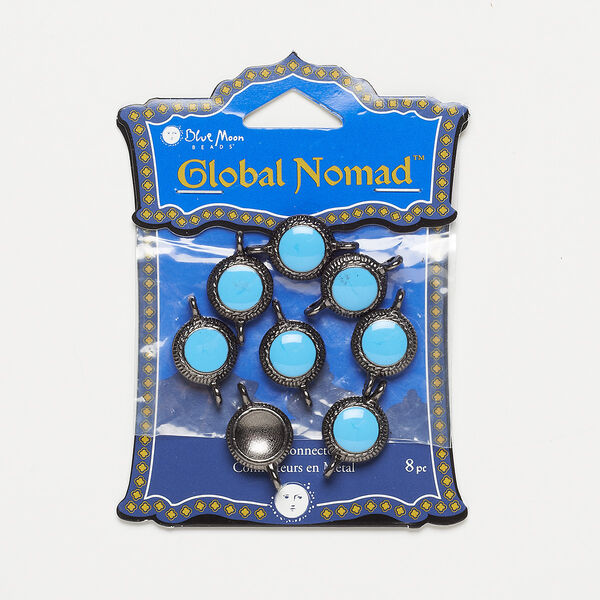 Link, gunmetal-finished "pewter" (zinc-based alloy), turquoise blue, 13mm round. Pkg/8. image number 0