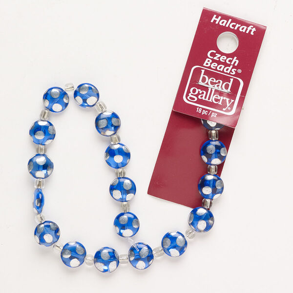 Bead, Czech glass, opaque and translucent blue and silver, 10mm puffed flat round with dots. Sold per pkg of 18. image number 0