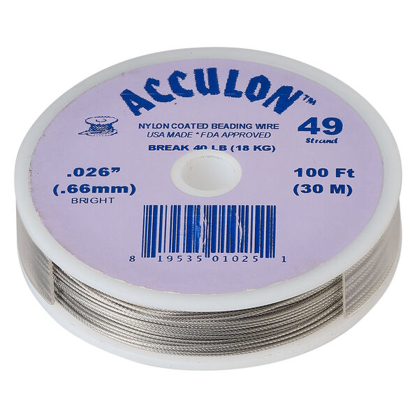 Beading wire, Acculon®, nylon-coated stainless steel, clear, 49 strand, 0.026-inch diameter. Sold per 100-foot spool. image number 0