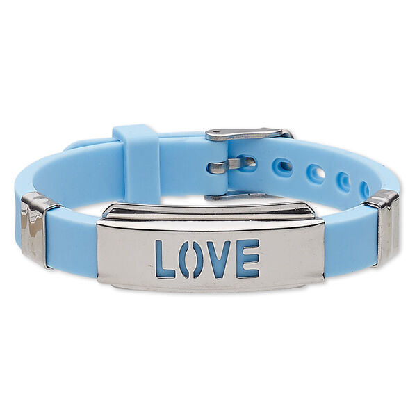 Bracelet, Softique™, silicone and stainless steel, turquoise blue, 16mm wide with 39x16mm curved rectangle and cutout "LOVE," adjustable from 5-1/2 to 7-1/2 inches with buckle-style closure. Sold individually. image number 0