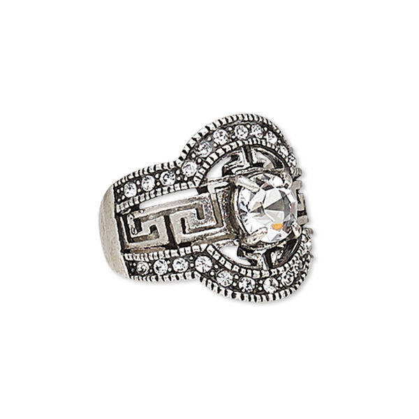Ring, Austrian crystal and antique silver-plated "pewter" (zinc-based alloy), clear, 20mm wide with fancy Greek key design, size 8. Sold individually. image number 0