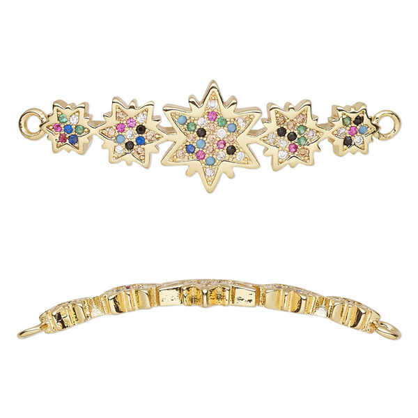 Focal, cubic zirconia and gold-finished brass, multicolored, 35.5x12mm single-sided curved stars. Sold individually. image number 0
