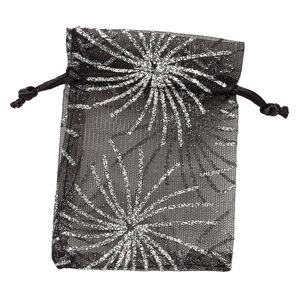 Pouch, polyester and satin, black with silver-colored glitter, 4-3/4 x 3-3/4 inches with drawstring. Sold per pkg of 3.