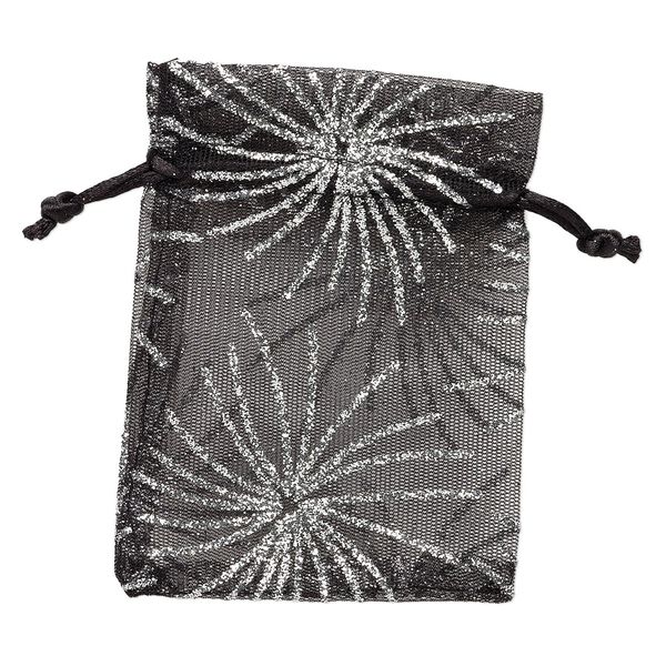 Pouch, polyester and satin, black with silver-colored glitter, 4-3/4 x 3-3/4 inches with drawstring. Sold per pkg of 3. image number 0