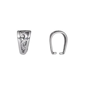 Bail, ice-pick, antiqued sterling silver, 12x8mm double-sided shield with open filigree, 10mm grip length. Sold individually.