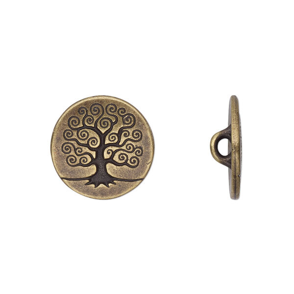 Button, TierraCast®, antique brass-plated pewter (tin-based alloy), 16mm flat round with tree of life and loop. Sold per pkg of 20. image number 0