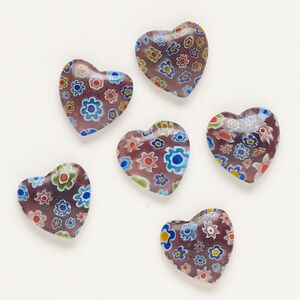 Bead, millefiori glass, translucent purple and multicolored, 17-20mm half-drilled puffed heart. Sold per pkg of 6.