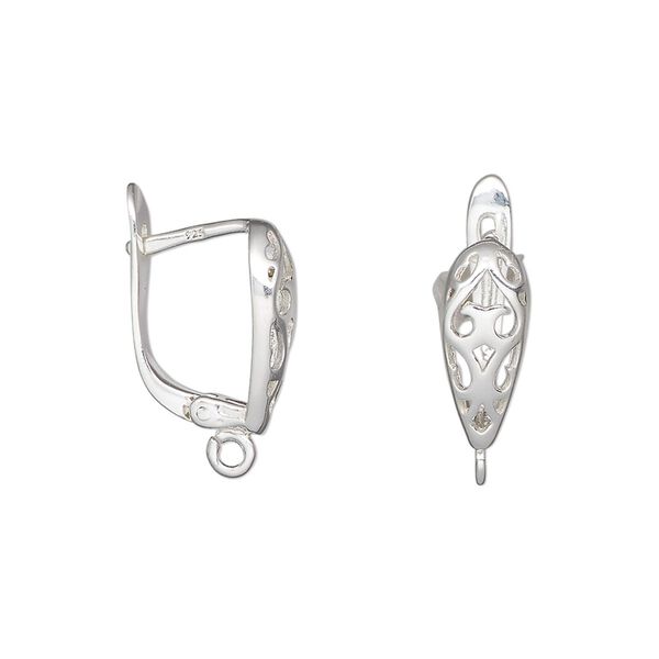 Ear wire leverback 1pkg2 sterling silver, 17mm / filigree leaf / open loop, 16 gauge 1 pair image number 0