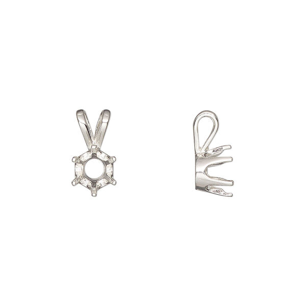 Pendant, Sure-Set™, sterling silver, 6.5mm pre-notched 6-prong round setting. Sold individually. image number 0