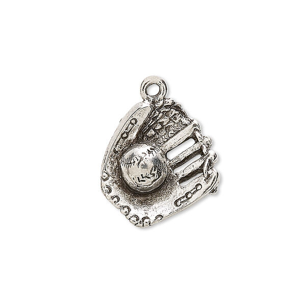 Charm, antiqued pewter (tin-based alloy), 18x16mm two-sided baseball and glove. Sold individually. image number 0